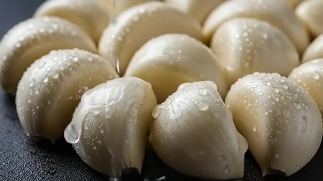 Close up of peeled garlic cloves with water droplets on a dark surface.