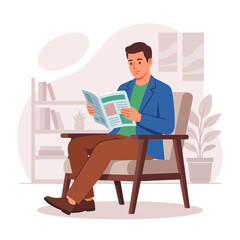 Fototapeta premium Man Relaxing in Armchair Reading Magazine in Cozy Room