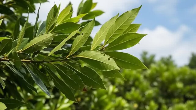 Close up of vibrant green bay leaves on a branch against a blue sky.