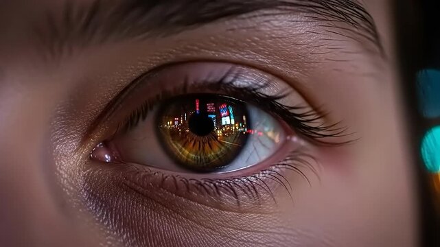 Closeup of a human eye opening and closing revealing a detailed iris and pupil with reflections.