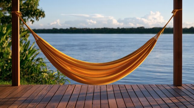 Hammock on Lake Wooden Deck at Twilight / トワイライト時の湖畔のウッドデッキにあるハンモック