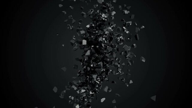 Two black geometric blocks move together, crack on impact, and explode into countless fragments drifting across a dark minimal scene in slow motion 3D animation