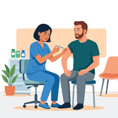 Fototapeta premium Nurse Administering Vaccine Injection to Patient in Clinic - Flat Design Vector Illustration