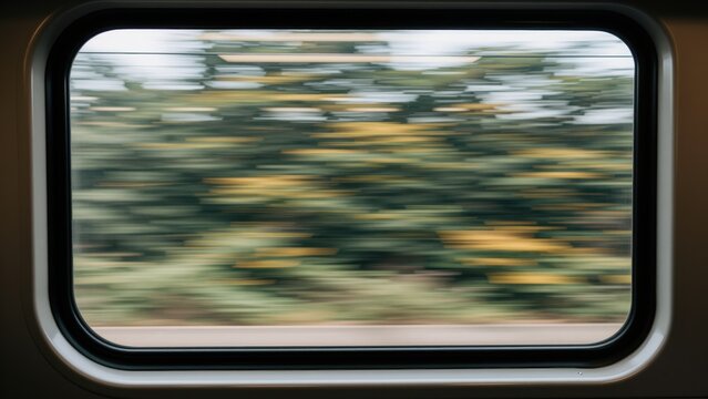 Blurred motion view through a train or bus window showing trees and greenery, depicting travel, transportation, and movement concepts