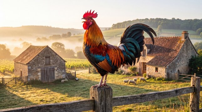 Rooster stands atop a rustic wooden fence overlooking a rural farm estate during a misty morning.