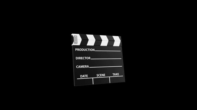 Black movie clapperboard with striped hinged top opens and turns in a simple studio style clip, shown against white, black and green chroma key backgrounds