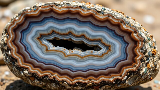 Close-up of a polished agatized geode with vibrant concentric banding and colorful mineral layers, natural rock texture, and decorative gemstone appearance