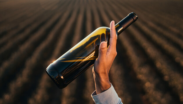 Person holding a wine bottle in a vineyard during sunset.