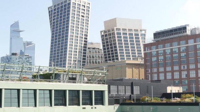 New York City Little Island pier park in Midtown of Manhattan, United States. Urban garden oasis on pillars, Hudson yards and Chelsea, USA cityscape. Biophilic design, eco flora, plants and greenery.