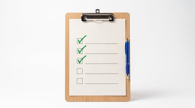 Wooden clipboard with checklist and blue pen on white background