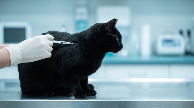 Veterinarian administers vaccine injection to a black cat during a medical checkup