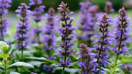 Obraz premium Tall spikes of purple flowers bloom amidst lush green foliage under soft natural light in a vibrant garden setting