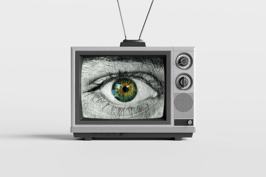 Retro television showing big brother surveillance eye