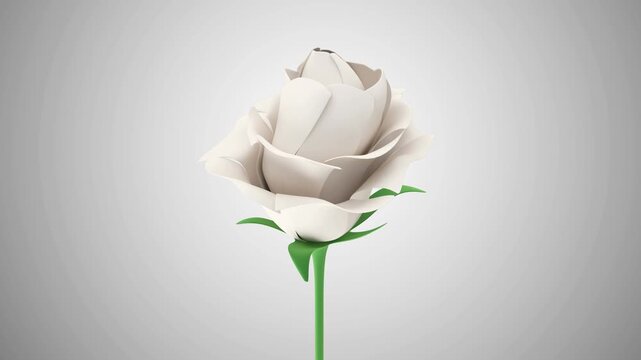 Single white rose slowly rotating against a soft light gray background, showing delicate petals, green stem and leaves in a minimalist floral 3D animation
