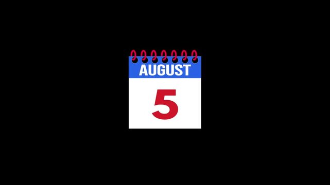 Daily Calendar Page Flip Animation from August 4 to August 5 with Page Turn Transition on Black Background. Day to day. date change concept