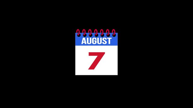 Daily Calendar Page Flip Animation from August 6 to August 7 with Page Turn Transition on Black Background. Day to day. date change concept