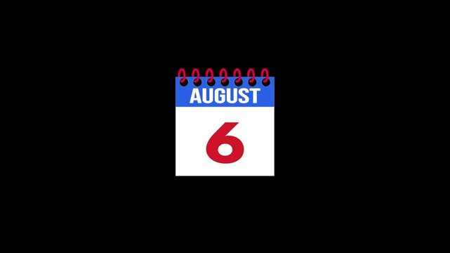 Daily Calendar Page Flip Animation from August 5 to August 6 with Page Turn Transition on Black Background. Day to day. date change concept