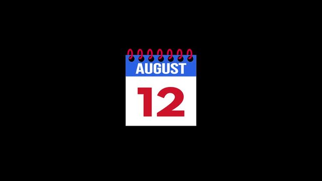 Daily Calendar Page Flip Animation from August 11 to August 12 with Page Turn Transition on Black Background. Day to day. date change concept