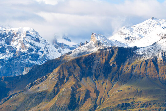 Schilthorn Birg Lauterbrunnen Bernese Oberland Swiss Alps Switzerland snow covered mountain peaks and observatory