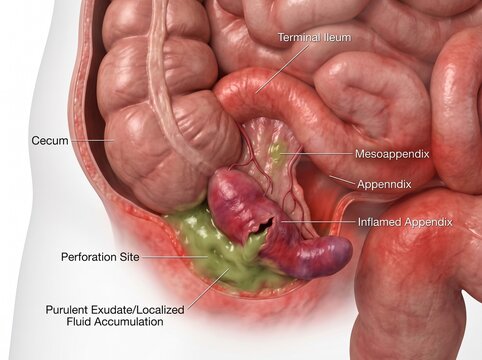 Medical visualization of a perforated appendicitis, highlighting the inflamed and ruptured appendix attached to the cecum, with visible perforation.