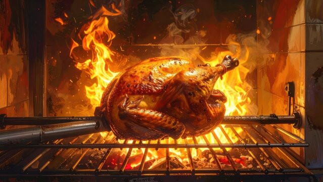 Whole turkey roasting over open fire grill.