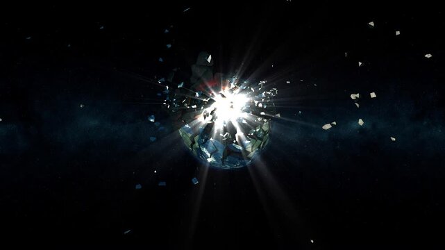 A rocky asteroid collides with Earth from space, followed by a bright explosive burst and flying planetary debris against a dark star field in 3D animation
