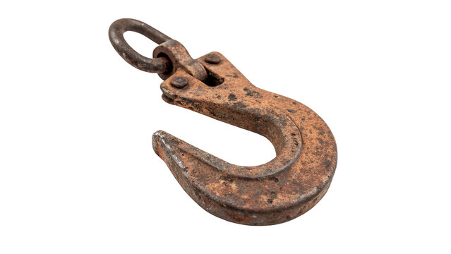 Old heavy rustic rusty metallic industrial hoisting crane hook isolated on transparent background cut out