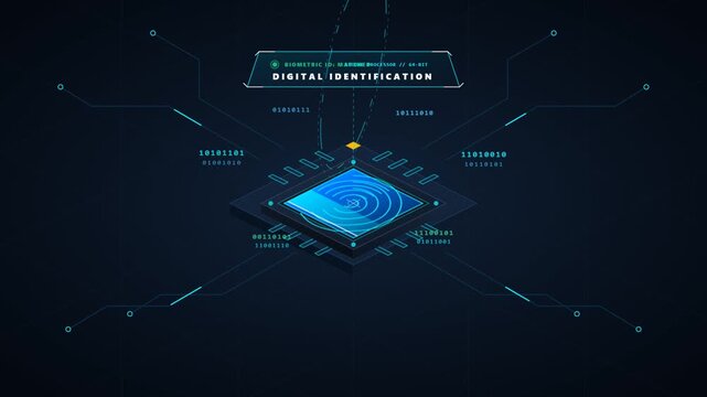 Digital identification biometric fingerprint scanner security technology isometric graphic interface with binary data code background