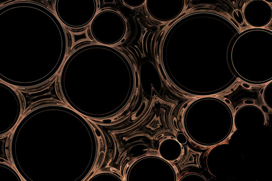 Abstract background featuring interconnected dark circles with textured copper edges abstract background geometric metallic structure wallpaper artistic backdrop contrast elements
