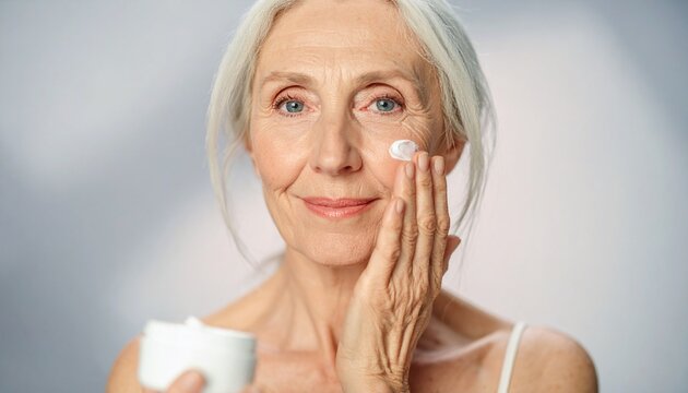 Retrato en primer plano de una mujer senior con una piel facial envejecida pero saludable d&aacute;ndose crema rejuvenecedora sobre la piel