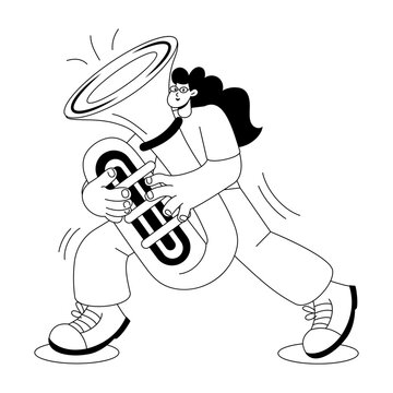 Seated brass musician performing on a large curved tuba instrument.