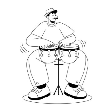 Standing percussionist performing rhythmic beats on two small bongo drums.