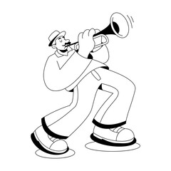Animated trumpet player performing a bright brass melody in a leaning pose. © creativestall