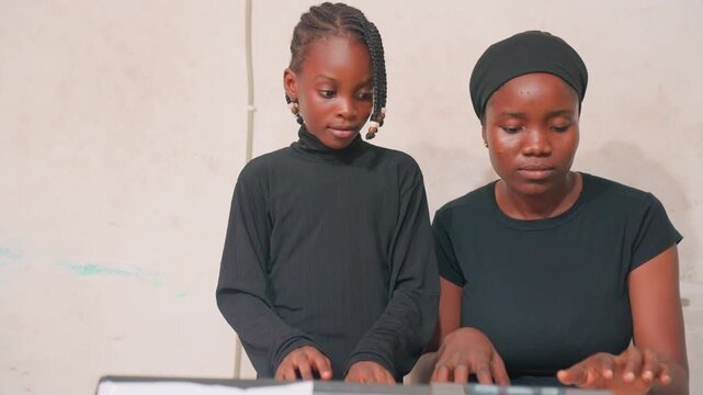 Mother and child playing piano together, smiles and laughter, shared eye contact, mother supporting child fingers on keys, upbeat rhythm, home interior, relaxed casual clothing, encouraging exchange,
