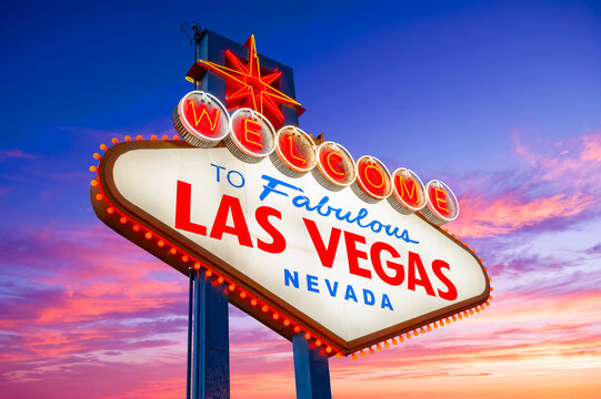 Welcome to Fabulous Las Vegas Sign. Logo Removed. The beautiful Sunset sky in the background. Las Vegas, Nevada, USA 07/07/2026