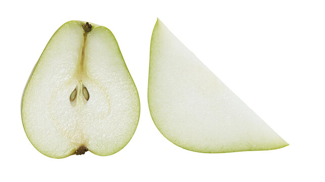 Pear half and slice with seeds and skin