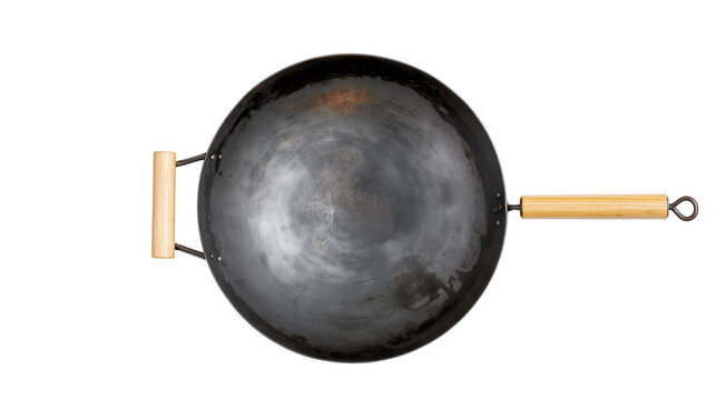 Carbon steel wok with two wooden handles and metal loop
