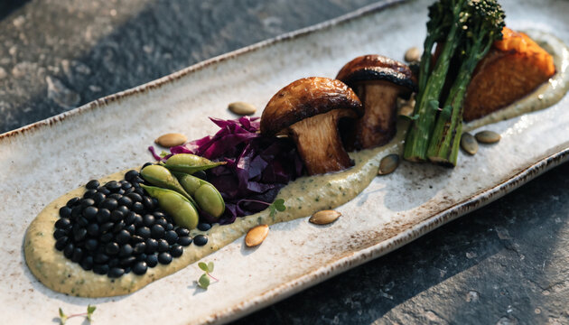 Gourmet roasted mushrooms and vegetables served on a platter