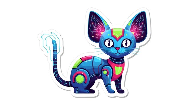 Colorful futuristic cat illustration with glowing neon details.