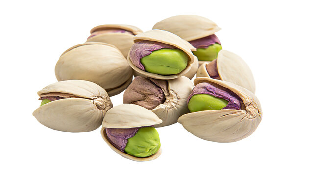Open pistachios with bright green kernels and purple skin