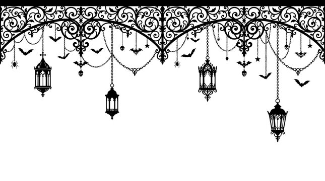 Halloween border Gothic Halloween border vector, spooky wrought iron archway with hanging lanterns and bats, vintage Victorian filigree frame isolated on White Background svg