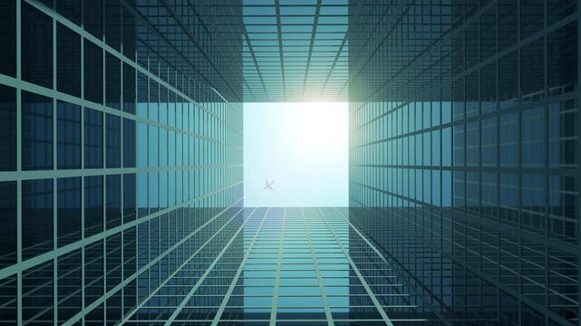 Looking straight up through reflective glass office towers as sunlight floods the open sky above, with a small airplane crossing the gap between modern high rise buildings, 3D animation