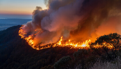 Fototapeta premium Wildfire burning through a forested hillside at sunset.
