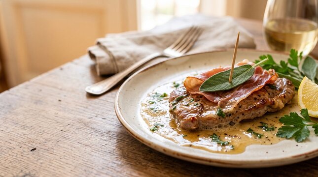 Saltimbocca alla Romana: Close-up on veal cutlets with a sage leaf and Prosciutto di Parma pinned with a toothpick, in a dynamic white wine sauce.