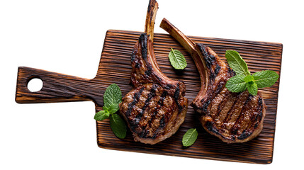Grilled lamb chops with mint leaves on wooden board © Lena