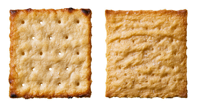 Two square crackers with visible salt crystals and perforations