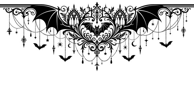 Halloween border Gothic bat border vector, ornate halloween filigree header, black damask vampire decorative element, spooky victorian scrollwork isolated on White Background svg