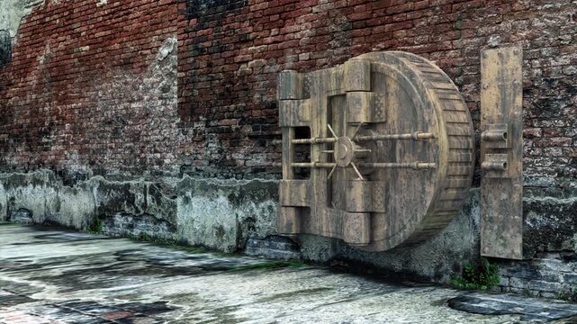 A weathered round vault door swings open from an aged brick wall to reveal a bright green screen opening, creating a secure portal concept in gritty surroundings 3D animation