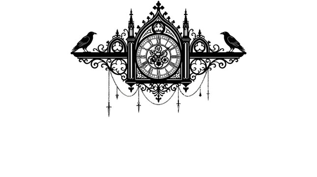 Halloween border Gothic clock tower vector illustration, ornate black cathedral clock with ravens, dark academia vintage timepiece design isolated on White Background svg