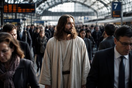 Man dressed as Jesus Christ standing in a crowded railway station. Symbolism of faith in modern society. Spiritual figure walking through a busy urban transit hub among commuters.